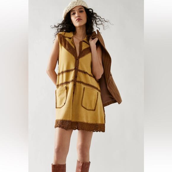 Free People Adeline Goat Suede Crochet Retro Boho Mini Dress Tan/Brown Size M - Picture 2 of 14